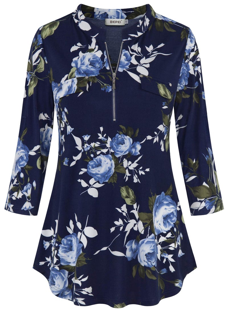 BEPEI Business Casual Tops for Women,Summer 3/4 Length Sleeve Floral Chiffon Peasant Blouses and Top Clothes Slimming Fitted Tunics Notch V Neck Shirts 2026,Navy Blue Large - Image 2